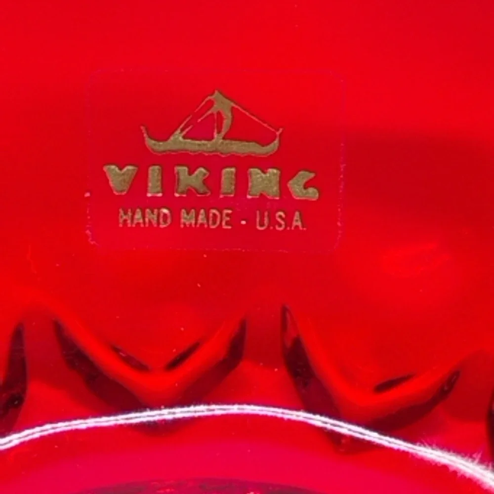 Viking Glass Red Ruby Sectioned Candy‎ Trinket Dish Bowl Original Sticker
